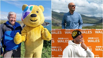 Composite image featuring three pictures from challenges to support Children in Need. On the left, Weatherman Derek Brockway smiles to next to Children in Need mascot, Pudsey. On the top right, BBC Radio Cymru’s Aled Hughes stands in front of a mountain range. On the bottom right, BBC Radio Wales’ Jason Mohammad points to a swimming cap branded with the Children in Need logo. 