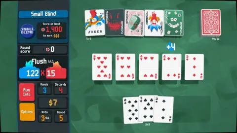 Localthunk Screenshot from Balatro shows a row of five numbered heart cards under a row of five joker cards with different creative designs. To the left a score screen shows 