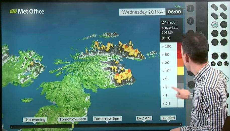 Projected 24-hour snowfall totals up to 6am on Wednesday. Picture: Met Office.