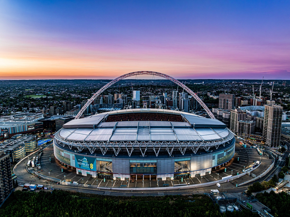 Wembley Stadium at sunset