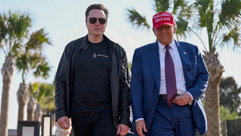 Donald Trump and Elon Musk arrive ahead of the launch. Pic: Reuters