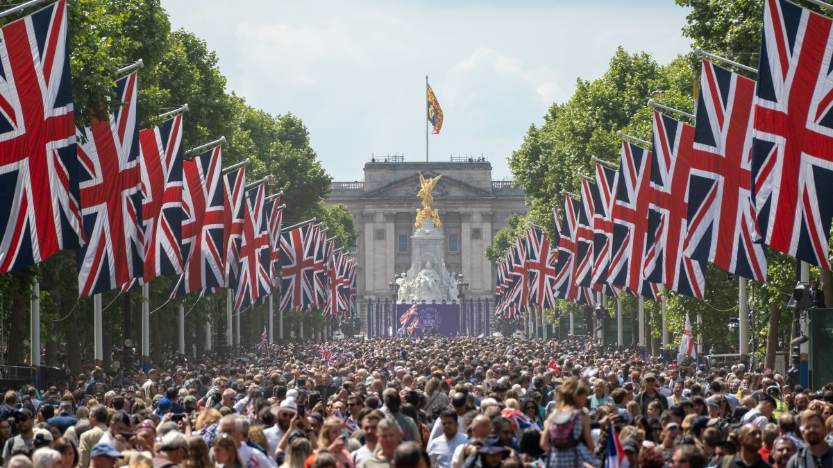 LONDON, UK - June 02: The Queen's Birthday Parade, Crowds of People at The Mall, Union Jacks, London, UK