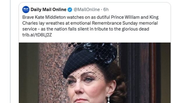 Narinder Kaur made the offensive comment on X yesterday as she reposted an article about the Princess of Wales attending Remembrance Sunday commemorations at the Cenotaph