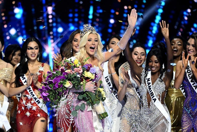 A thrilled Victoria Kjaer Theilvig, Miss Denmark, reacts to being newly crowned Miss Universe 2024 amid other contestants at the 73rd edition of the Miss Universe pageant in Mexico City on Nov. 16, 2024.