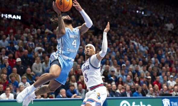 No. 9 UNC men's basketball falls short of a comeback against No. 1 Kansas, 92-89, at Allen Fieldhouse -