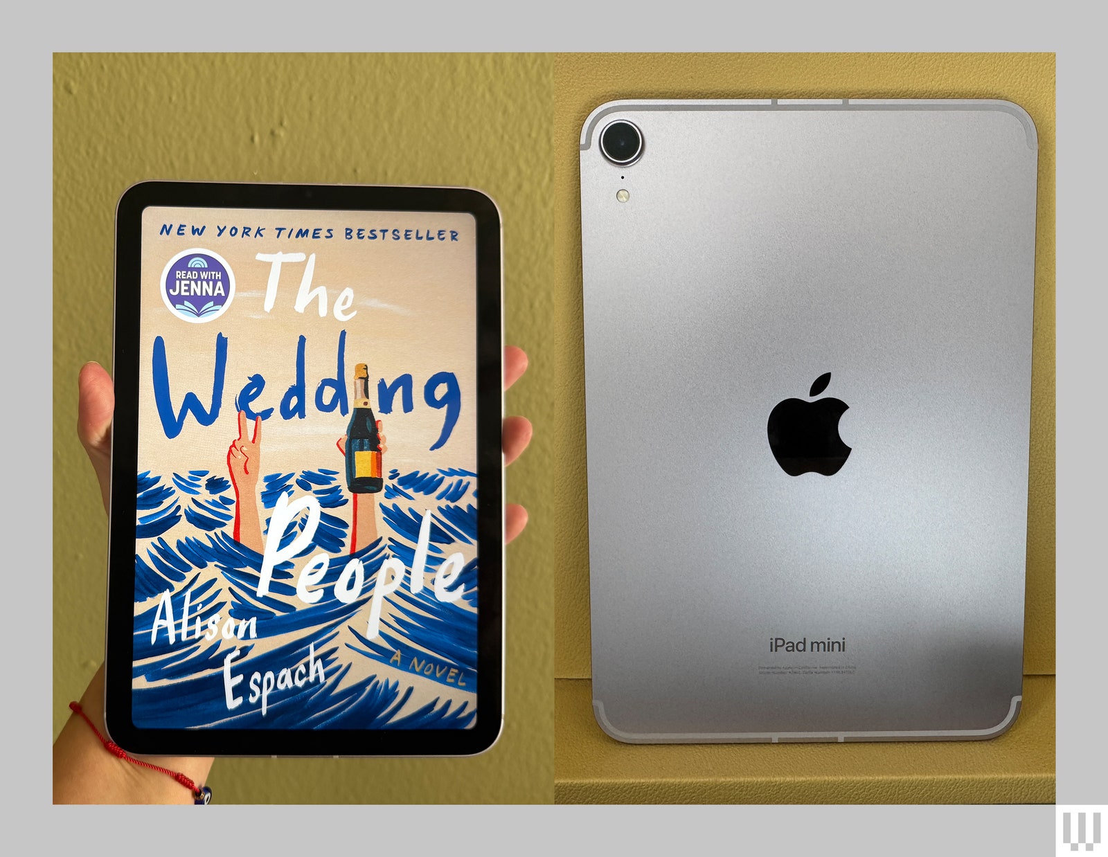 Front and back view of the Apple iPad Mini a slim silver tablet with the screen showing the cover of an ebook