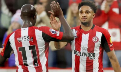 Goalscorers Kevin Schade and Yoane Wissa celebrate during Brentford's Premier League clash with Leicester