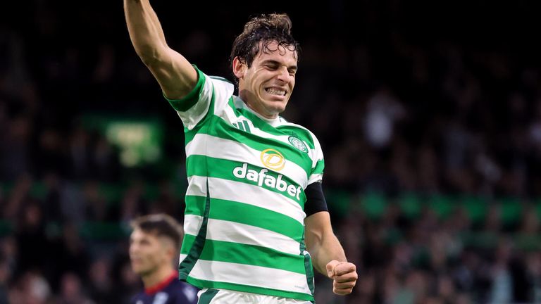 Paulo Bernardo celebrates after scoring Celtic's third goal against Ross County