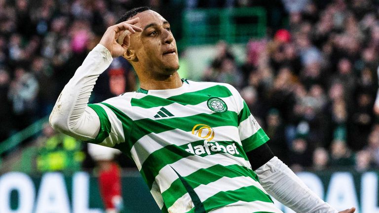 Adam Idah salutes the home fans after putting Celtic 5-0 up against Ross County