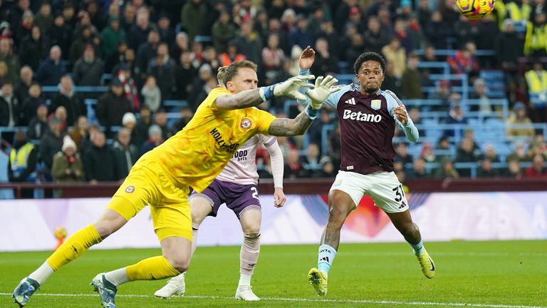 Aston Villa's Leon Bailey (right) watches on as Brentford goalkeeper Mark Flekken attempts to catch the ball 