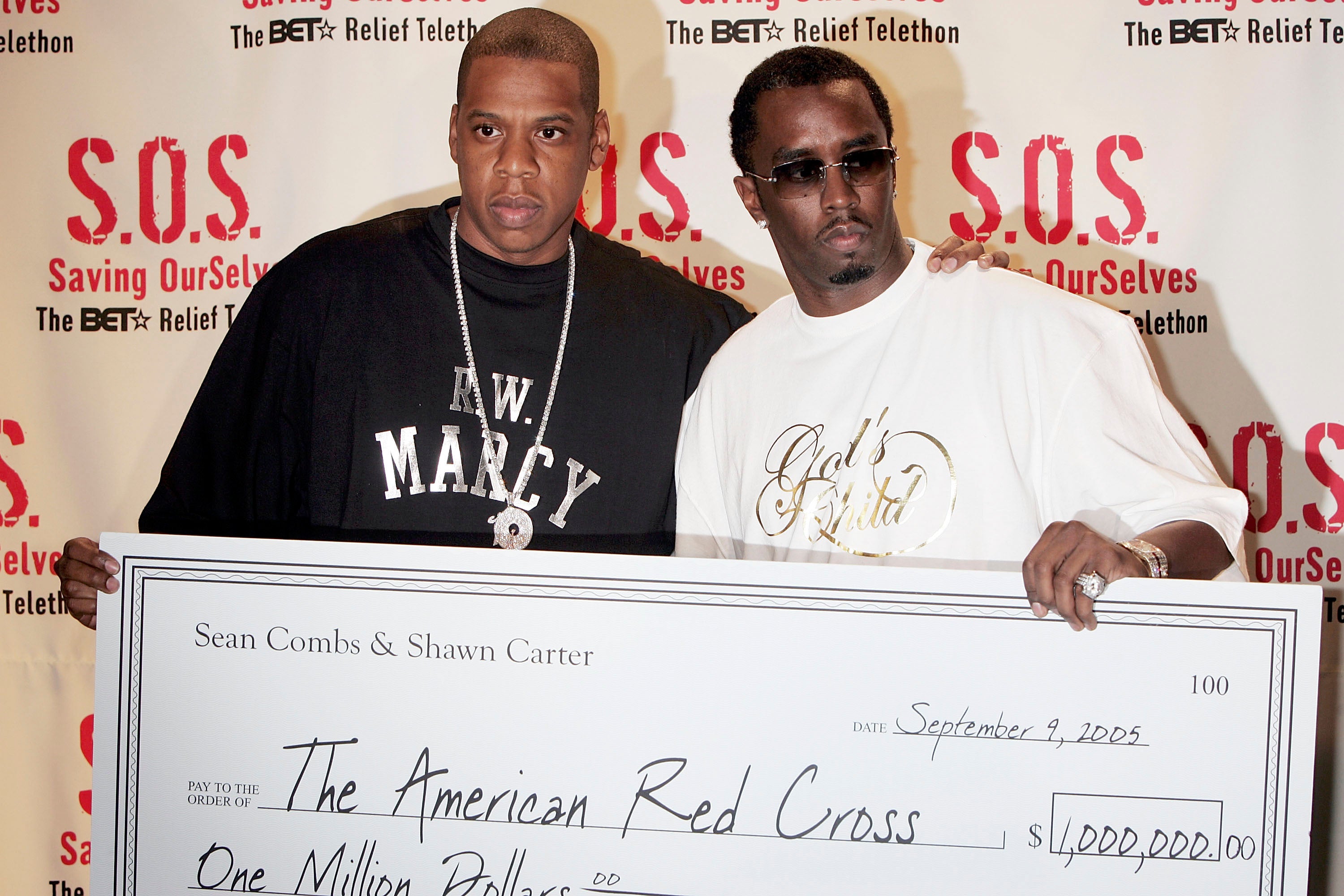 Jay-Z and Diddy making a joint donation of $1 million to the American Red Cross during a telethon to benefit the victims of Hurricane Katrina in 2005