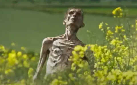 Sony Pictures A mummified figure lurches into the foreground of a field filled with yellow flowers