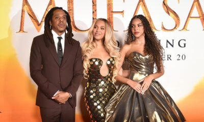 Jay-Z, from left, Beyonce and Blue Ivy Carter arrive at the premiere of "Mufasa: The Lion King" on Monday, Dec. 9, 2024, at the Dolby Theatre in Los Angeles (Photo by Richard Shotwell/Invision/AP)