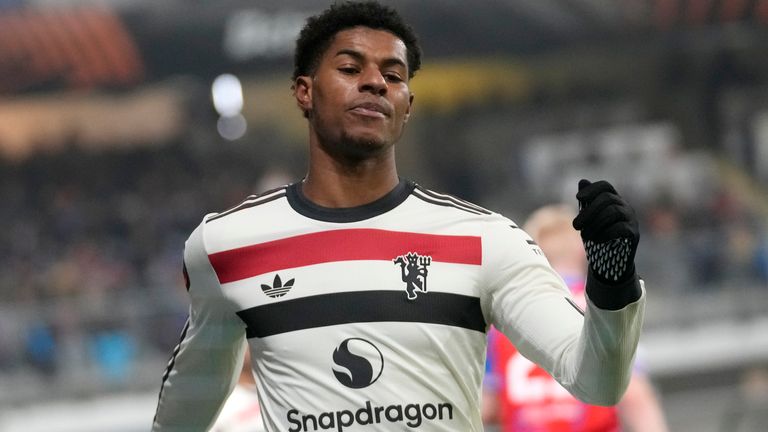 Manchester United's Marcus Rashford reacts during the Europa League soccer match between Viktoria Plzen and Manchester United at the Doosan Arena in Plzen, Czech Republic, Thursday, Dec. 12, 2024. (AP Photo/Petr David Josek)