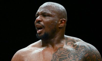 Dillian Whyte reacts after his heavyweight bout against Christian Hammer was stopped by Hammer's corner