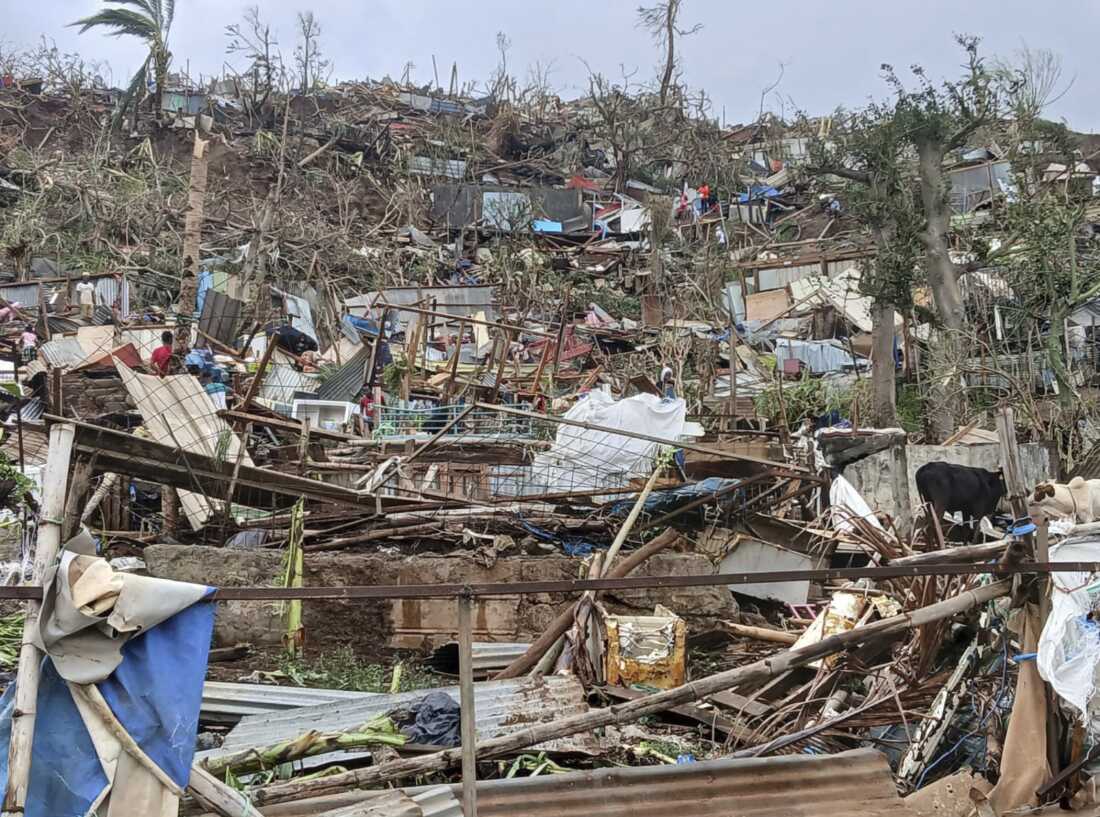 This undated photo provided by NGO Medecins du Monde on Sunday, Dec. 15, 2024, shows a devastated hill on the French territory of Mayotte in the Indian Ocean, after Cyclone Chido caused extensive damage with reports of several fatalities.