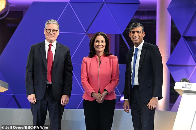 Here, Husain is pictured alongside Labour's Sir Keir Starmer and Rishi Sunak of the Conservative party during a debate in June