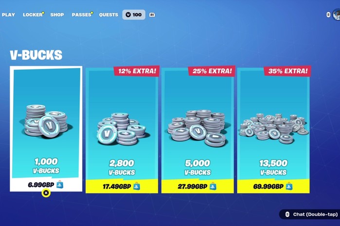 The prices of various amount of V-Bucks to buy in Fortnite