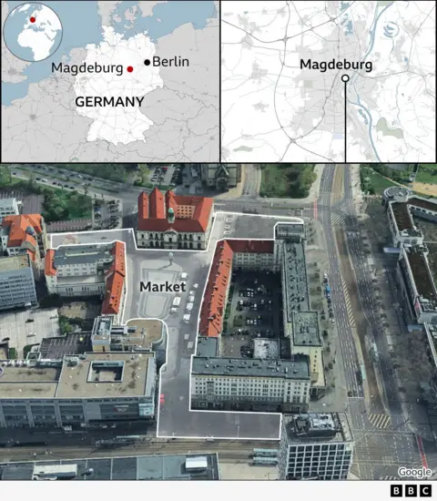 Three maps show the location of Magdeburg, east of Germany, where the markets are in the city centre and a highlight of a street-view showing the lane where the markets were set up.