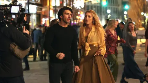 Jose Perez/Bauer-Griffin via Getty Images Justin Baldoni and Blake Lively are seen on the set of 'It Ends with Us' on January 12, 2024 in Jersey City, New Jersey.