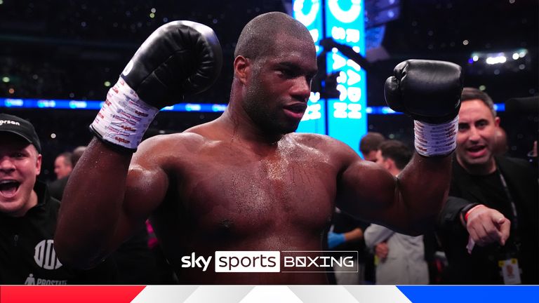 Daniel Dubois celebrates victory against Anthony Joshua (not pictured) following the IBF World Heavy weight bout at Wembley Stadium, London. Picture date: Saturday September 21, 2024.
