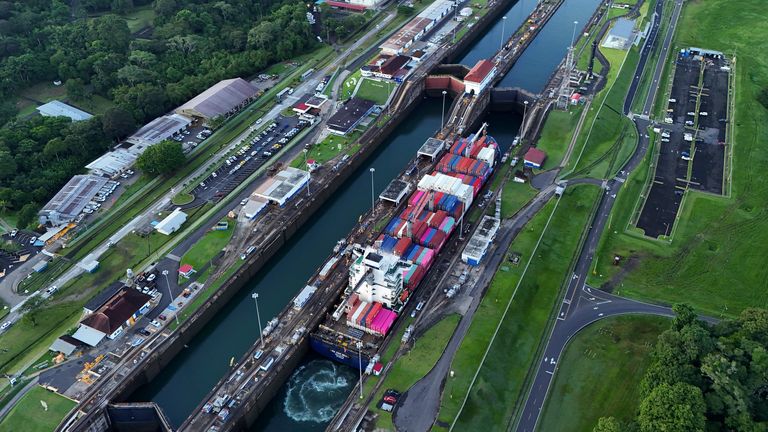 FILE - A cargo ship traverses the Agua Clara Locks of the Panama Canal in Colon, Panama, Sept. 2, 2024. (AP Photo/Matias Delacroix, File)