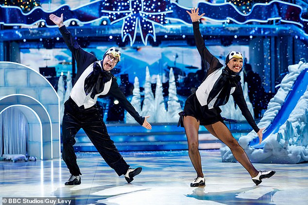 Josh Widdicombe, 41, dressed as a penguin to dance a Charleston to Let It Snow with professional Karen Hauer, 42, as the couple bagged a score of 36, including a 10 from Anton