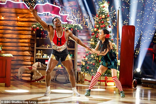 Meanwhile Gladiators star Harry Aikines-Aryeetey and his dance partner Nancy Xu danced street commercial to the Glee cast version of Christmas Wrapping