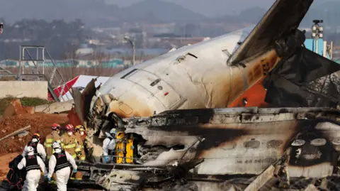 EPA Firefighters and rescue workers in suits and helmets approach the charred wreckage of the plane. 