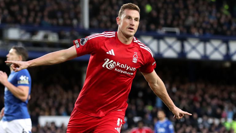 Chris Wood celebrates after putting Nottingham Forest in front at Everton