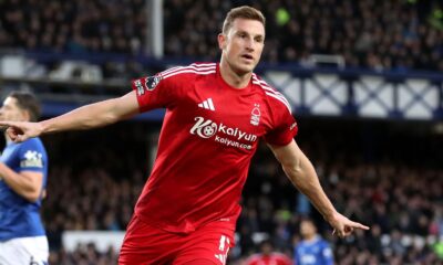 Chris Wood celebrates after putting Nottingham Forest in front at Everton