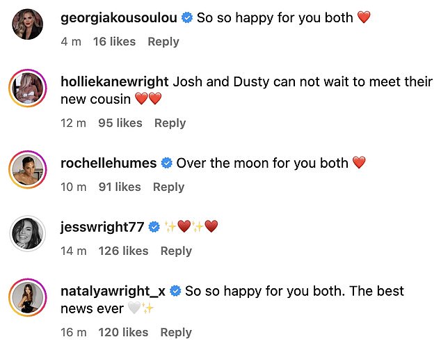 The couple received hundreds of congratulatory messages from friends and family on their Instagram post including from Rochelle Humes, Kelly Brook, Vicky Pattison, and best pal Arg