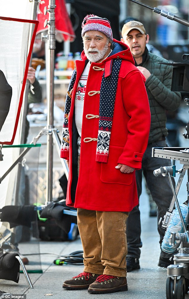 Arnold Schwarzenegger, 77, looked completely unrecognisable as he continued filming as Santa Claus for his new movie The Man With The Bag in New York on Tuesday