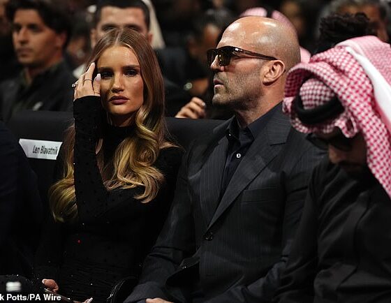 Rosie Huntington-Whiteley cut a stylish figure as she and her fiancé Jason Statham attended Tyson Fury's rematch against Oleksandr Usyk at the Kingdom Arena on Saturday evening