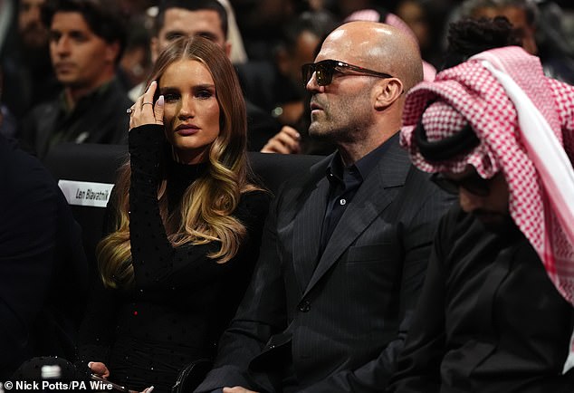 Rosie Huntington-Whiteley cut a stylish figure as she and her fiancé Jason Statham attended Tyson Fury's rematch against Oleksandr Usyk at the Kingdom Arena on Saturday evening