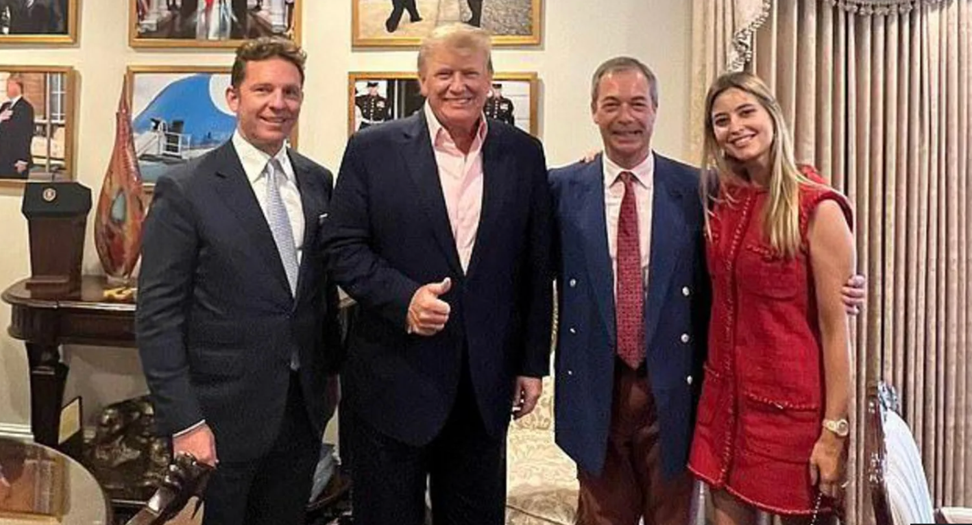 From left to right, Nick Candy, Donald Trump, Nigel Farage and Holly Valance pose for a photo at Trump’s Mar-a-Lago estate