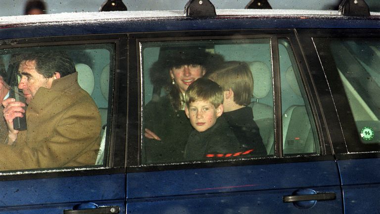 Princes William and Harry with Tiggy Legge-Bourke in a car at Zurich airport in 1995. Pic: PA