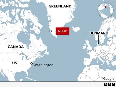 Map of Greenland next to North America and Europe