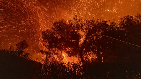 Getty Images Embers, or firebrands, are carried by strong winds and can help a fire leap from one spot to another (Credit: Getty Images)