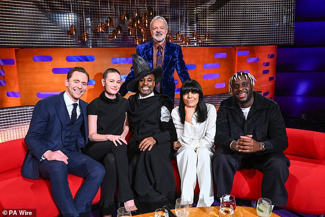 The actor, 43, joined host Graham Norton, 61, to discuss his role as Benedick in Shakespeare's Much Ado About Nothing (L-R Tom, Brie Larson, Billy Porter, Claudia Winkleman, and Myles Smith)