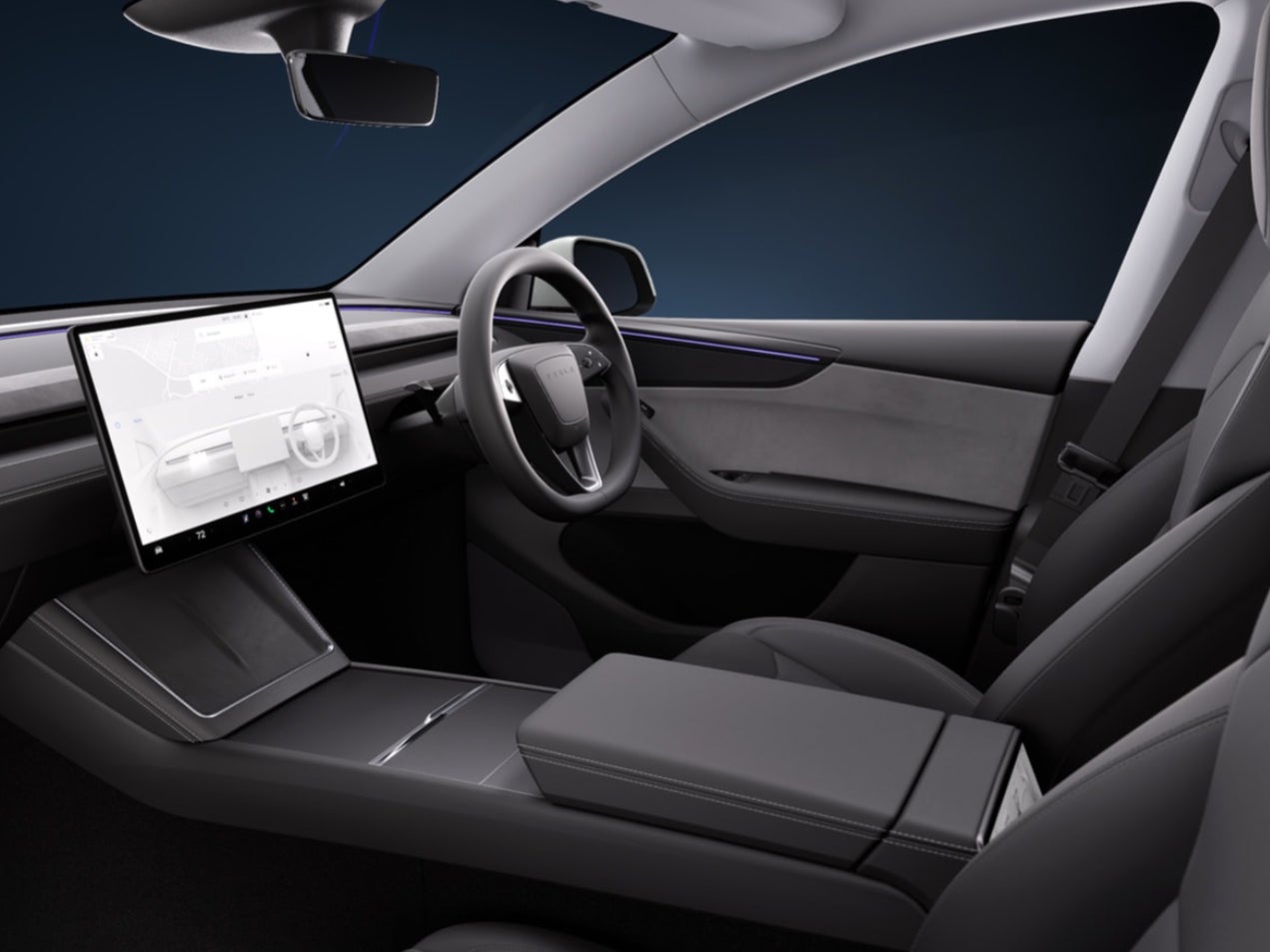 Quality takes a step up inside the new Tesla Model Y but the gear selector has moved from a stalk behind the steering wheel to buttons on the touchscreen