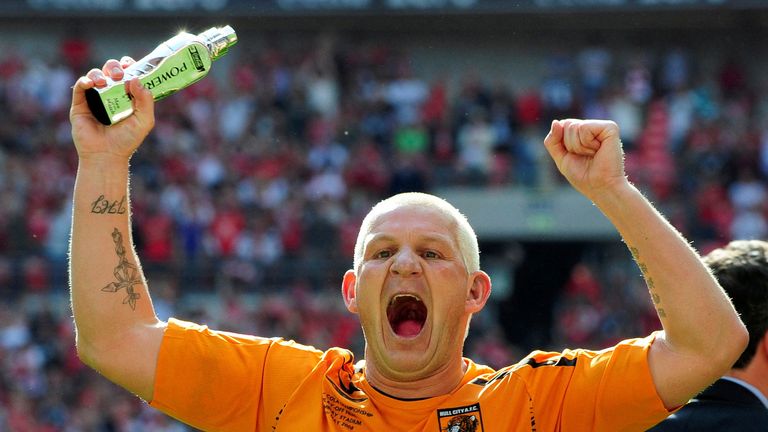 Dean Windass after Hull City wins promotion to the Premier League in 2008. Pic: Reuters