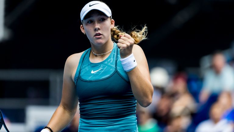 MELBOURNE, VIC - JANUARY 12: Mirra Andreeva of Russia celebrates during Round 1 of the 2025 Australian Open on January 12 2025, at Melbourne Park in Melbourne, Australia. (Photo by Jason Heidrich/Icon Sportswire) (Icon Sportswire via AP Images)