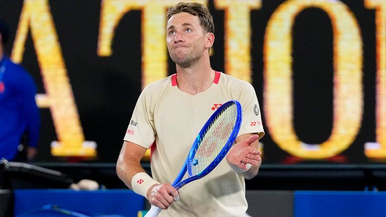 Casper Ruud of Norway reacts after defeating Jaume Munar of Spain in their first round match at the Australian Open tennis championship in Melbourne, Australia, Sunday, Jan. 12, 2025.(AP Photo/Vincent Thian)