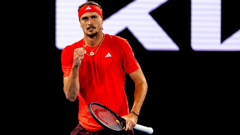 Alexander Zverev of Germany celebrates during Round 1 of the 2025 Australian Open on January 12 2025, at Melbourne Park in Melbourne, Australia. (Photo by Jason Heidrich/Icon Sportswire) (Icon Sportswire via AP Images)