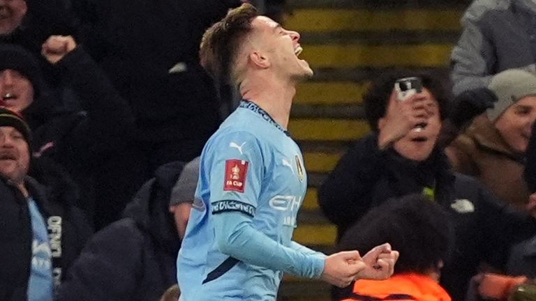 Manchester City's James McAtee celebrates scoring his side's fifth goal against Salford City