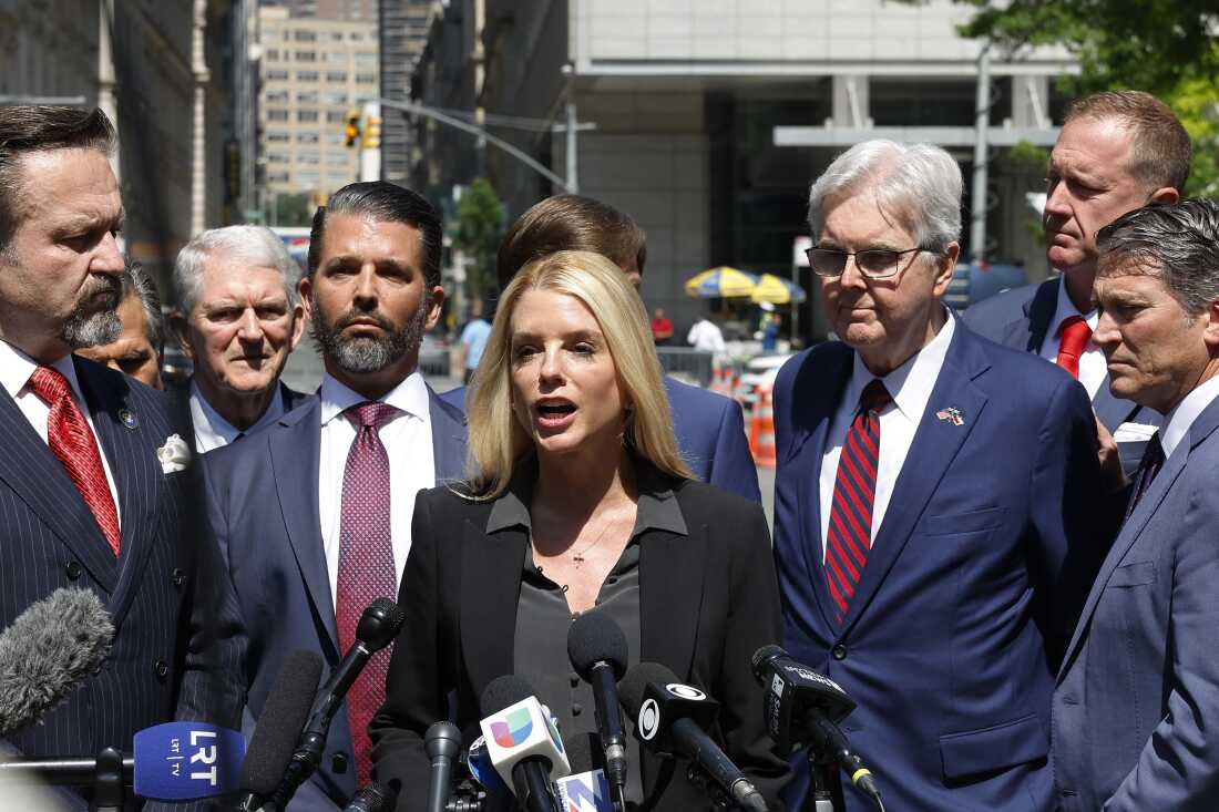 Bondi has been a fierce defender of President-elect Donald Trump. Above: In May 2024, during Trump's hush money trial in New York, Bondi spoke outside the courthouse to defend Trump.