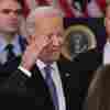 President Biden salutes after delivering a speech about his foreign policy achievements at the State Department on Jan. 13, 2025.