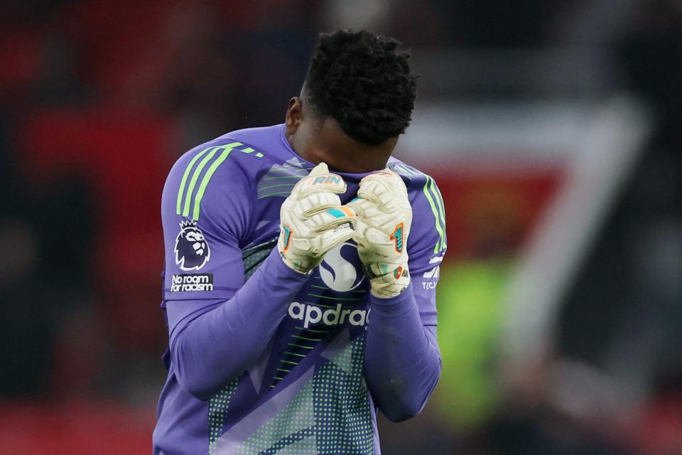 Manchester United's Andre Onana reacts after his latest blunder (Action Images via Reuters)