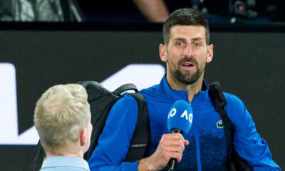 Novak Djokovic of Serbia speaks to the crowd following victory against Jiri Lehecka of the Czech Republic in the Men's Singles Fourth Round match during day eight of the 2025 Australian Open at Melbourne Park on January 19, 2025 in Melbourne, Australia. (Photo by Andy Cheung/Getty Images)